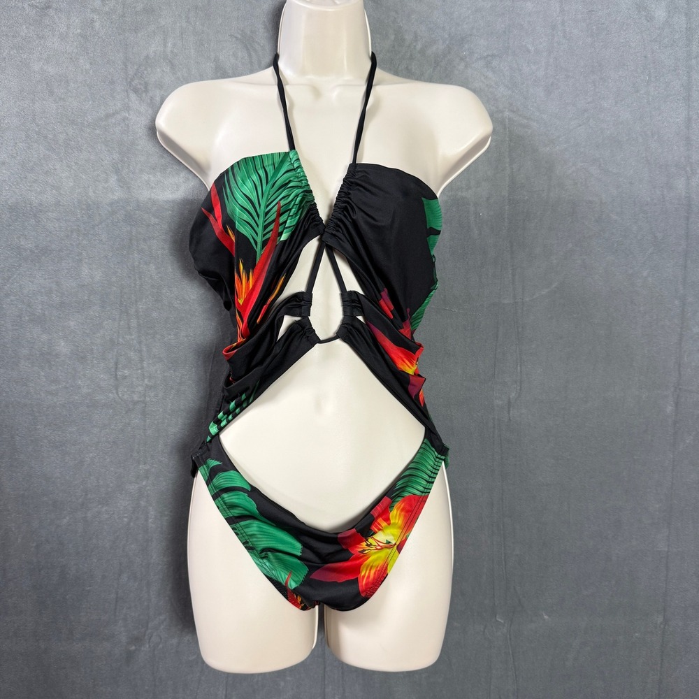 Fredericks of Hollywood Cabarita Monokini Swimsuit L NWT Tropical‎ Floral Cutout